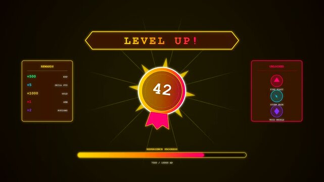 This sophisticated Player Data Overlay exhibits a dynamic progression sequence featuring a level forty two milestone achievement with an advancing experience bar and rewards