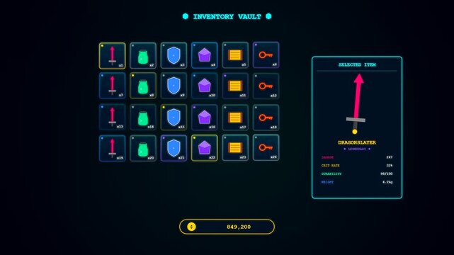 A futuristic neon Player Data Overlay displaying an interactive digital inventory vault where various legendary equipment and artifacts are selected within a dark holographic interface