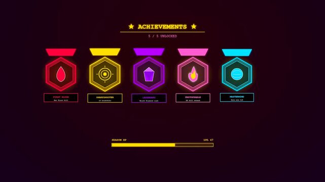A cinematic Player Data Overlay showing a progression of unlocked gaming achievements as neon badges appear on a dark futuristic holographic user interface screen