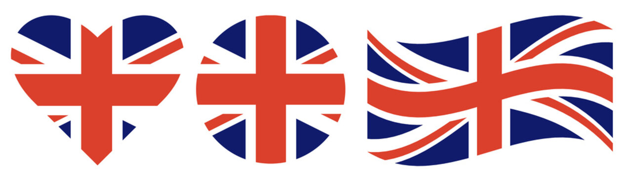Round flag of United Kingdom isolated in circle and heart shape, waving flag of England isol set. 
