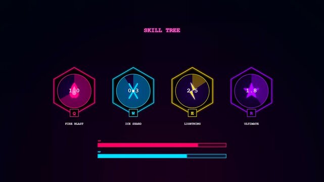 A futuristic player data overlay displaying dynamic skill tree progressions and resource bars as magical abilities evolve through neon holographic interface elements in motion