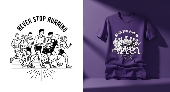 Motivational Running T-shirt Design Featuring a Dynamic Group of Runners with Inspirational Phrase Never Stop Running for Active