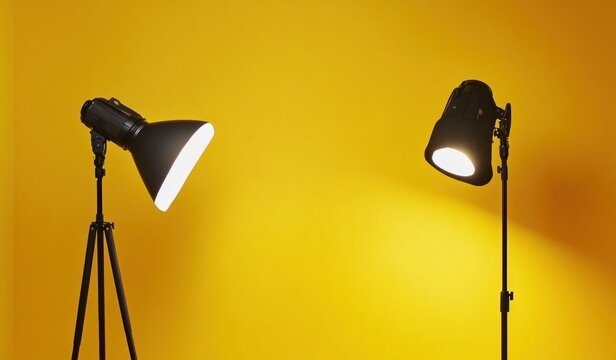 Two Professional Studio Lights Illuminating a Vibrant Yellow Background for Photography and Creative Design
