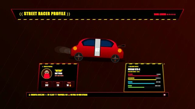 A sophisticated Player Data Overlay showcases detailed racing statistics and vehicle attributes within a dark atmospheric gaming interface designed for high speed competitive street racing simulations