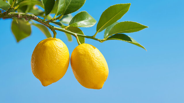 Two ripe yellow lemons hanging on a branch against a clear blue sky with fresh leaves in bright sunlight