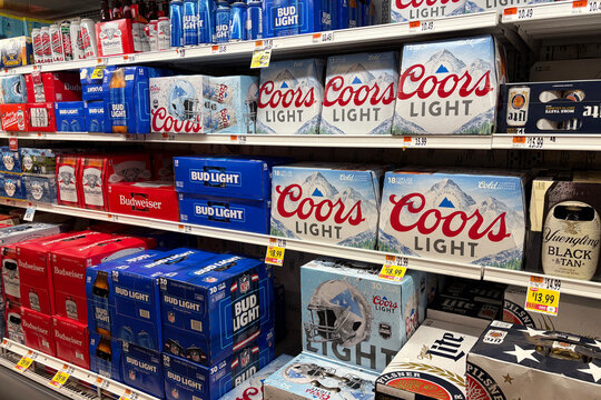 Cases of American beer Budweiser, Bud Light and Coors at super market grocery store Stop and Shop in Darien, Connecticut on November 25, 2025.