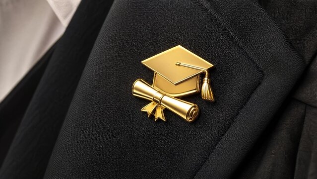 Golden Graduation Cap and Diploma Lapel Pin on Black Suit for Academic Success