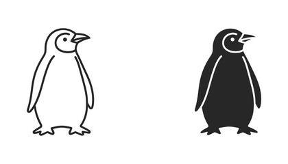 Cute penguin character icon vector illustration featuring standing bird in clean line art and solid black silhouette for arctic and wildlife graphic projects © OliverDesign