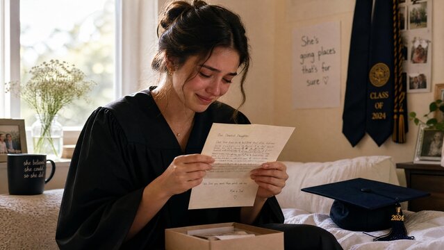 Emotional Young Female Graduate in Gown Reading Heartfelt Letter from Parents on Graduation Day
