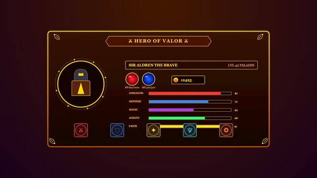 A sophisticated gold themed Player Data Overlay animates across a dark crimson backdrop to display fantasy role playing game character statistics and attributes