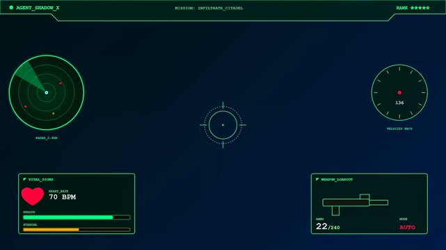 A cinematic Player Data Overlay displaying tactical mission parameters and vital signs within a futuristic digital interface featuring a scanning radar and weapon status updates