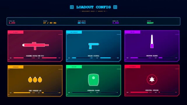 An immersive Player Data Overlay systematically populating a darkened void with neon tactical gear and weapon schematics for an advanced sci fi gaming experience