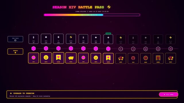 In a futuristic gaming environment a player data overlay manifests as a series of vibrant neon rewards unlocking sequentially across a digital horizon