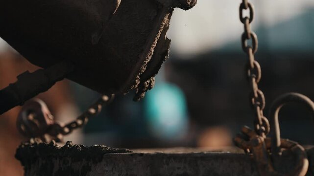 Concrete starting to pour from chute onto formwork during construction close up