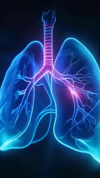 Vertical video: Pulsing glow arising in left bronchi, moving into trachea on black, lighting lungs