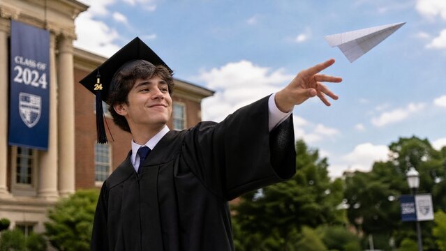 Young Male Graduate Class of 2024 Throwing Paper Plane into the Air in Front of University Campus Building
