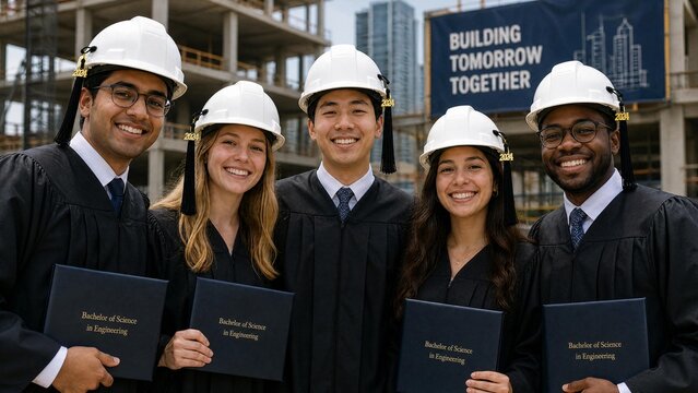 Diverse Group of Engineering Graduates Wearing Hard Hats at Construction Site Holding Diplomas