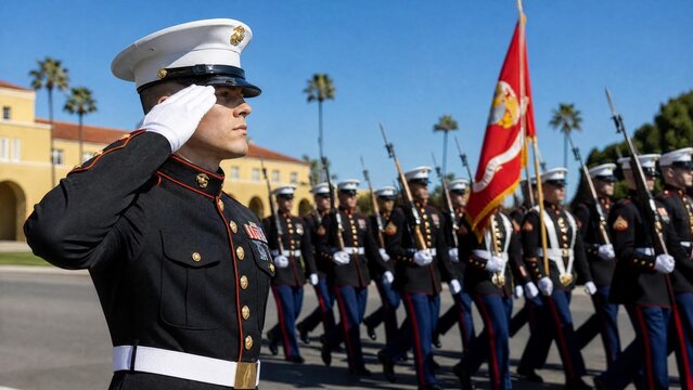 US Marine in Dress Blue Uniform Saluting with Marching Troops in Formation
