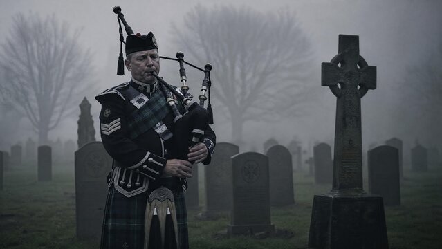 Traditional Scottish Bagpiper Playing a Lament in a Misty Graveyard
