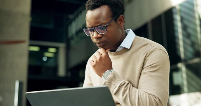 Thinking, business or black man with laptop in city, upload property listing or residence description. Reflection, review or realtor with real estate market research, pc or check open house schedule