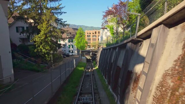 Rigiblick funicular leaving ground station in Zurich