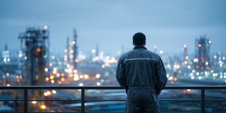 Male factory engineer in uniform looking at blurred industrial plant lights at night, concept for energy sector planning, operational oversight and heavy industry development