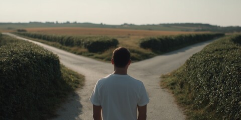 Obraz premium Young man facing a fork in the road in a rural setting, concept for making hard decisions, career path uncertainty and life choices guidance
