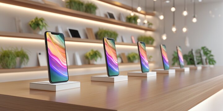 Row of modern smartphones with colorful displays on a sleek wooden counter in a minimalist tech store, concept for mobile device retail, product display and consumer electronics marketing