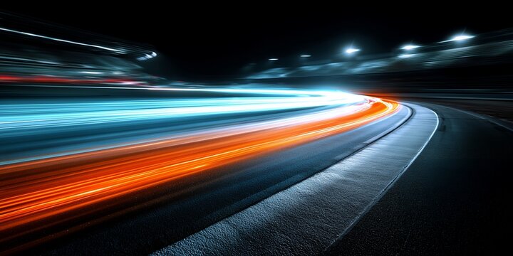 Abstract long exposure of colorful light trails from fast moving vehicles on a dark highway curve, concept for speed delivery service, technology innovation and modern transportation