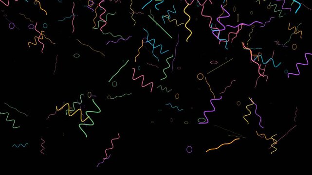 Colorful Floating Confetti And Wavy Lines On A Black Background