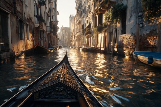 View from inside a Venetian gondola navigating a narrow canal with sunlit water reflections, concept for travel brochure, romantic getaway visualization and city landmark promotion