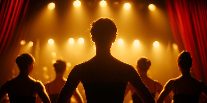Silhouette of ballet dancers waiting backstage with dramatic golden stage lighting and red curtains, concept for artistic performance, theater production and inspirational story