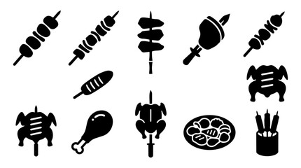 Grilled Street Food Skewer Silhouette Icon Set – Kebab, Satay, Yakitori, BBQ Chicken © Mediasegment