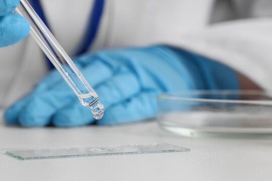 Female scientist dropping water sample onto glass on table in laboratory, closeup