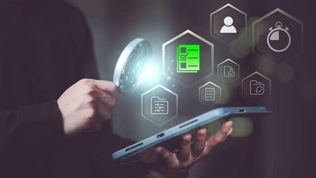 Data analyst verifies digital checklist for secure data verification, compliance audit, workflow automation, document control, risk assessment, cybersecurity validation, process accuracy improvement.