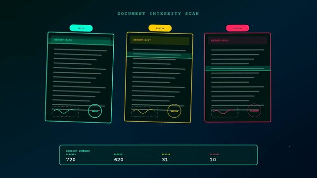 An advanced digital interface featuring compliance risk monitoring across various document integrity scans while numeric session summary data updates in real time on a screen