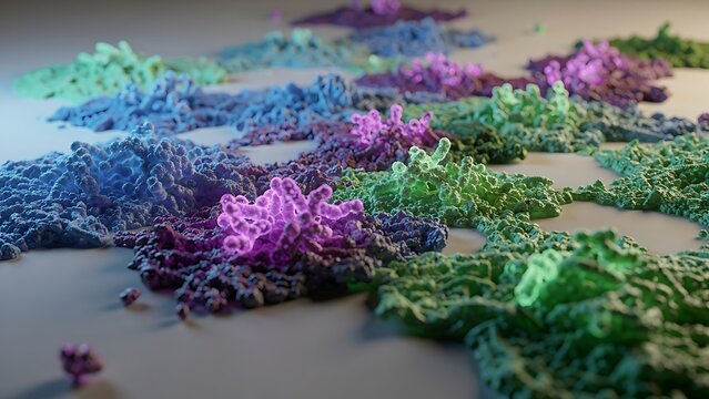 Microorganisms grow in textured clusters of vibrant purple and green on a flat neutral workstation surface.