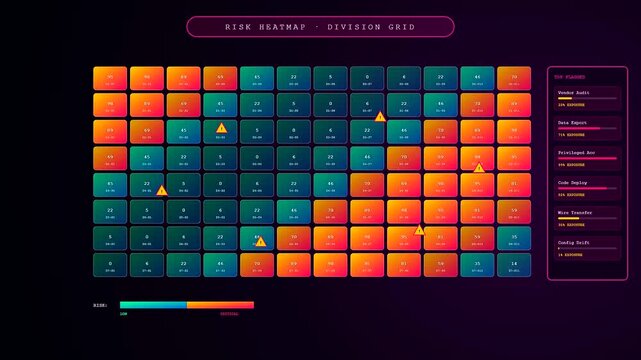 An intricate digital interface displaying compliance risk monitoring through a shifting grid of amber and teal cells with flashing warning icons for security analysis
