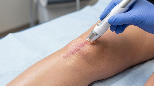 Cold laser therapy applied to knee surgery scar
