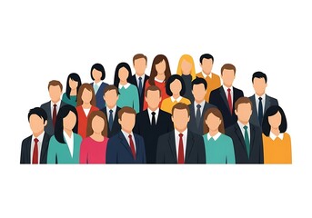 Naklejka premium Large crowd of diverse professional people in formal business attire, corporate team members, management and employees, teamwork success