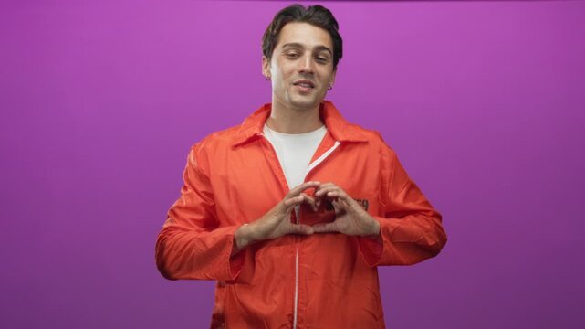 Man prisoner in orange jumpsuit forms a heart with hands while smiling in studio with purple backdrop; hope redemption.