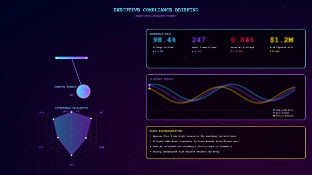 A futuristic dashboard showing compliance risk monitoring through glowing blue radar charts and neon magenta line graphs flickering against a deep purple interstellar void