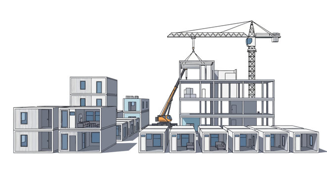 Modular Prefabricated Construction Site with Cranes and Container Houses Illustration - Modern Urban Architecture and Sustainable Building Concept