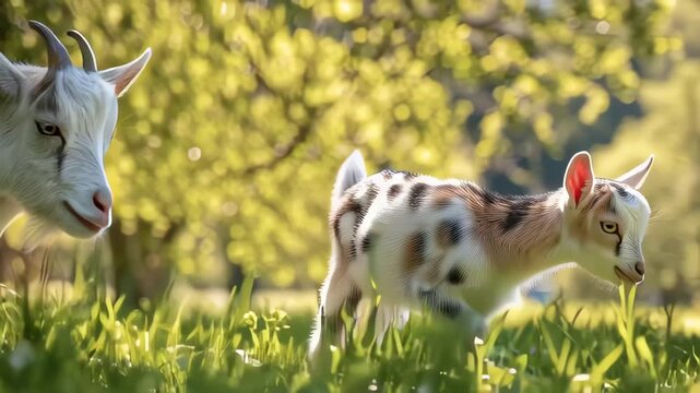 Mother Goat and Baby Kid Tender Moment in Sunny Meadow