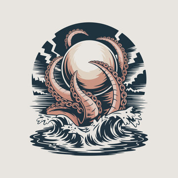 Tentacled sea creature rising from waves.