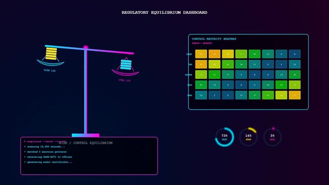An ethereal neon interface for compliance risk monitoring exhibits a tilting balance scale beside a chromatic heatmap grid and scrolling terminal text in deep purple