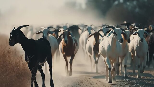 Herd of Goats Running on a Dusty Rural Road