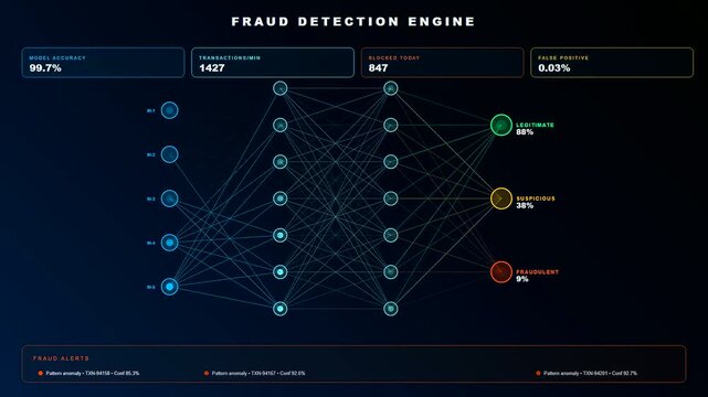 A high tech digital interface for compliance risk monitoring featuring fluctuating neural network nodes and shifting data metrics against a dark navy blue backdrop