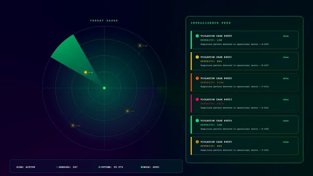 A digital dashboard for compliance risk monitoring featuring a sweeping green radar scanning circles and an intelligence feed showing severe violation case alerts on dark background