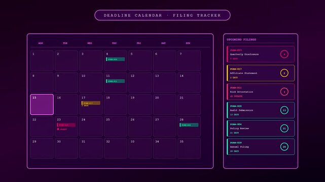 An interface displaying compliance risk monitoring through a futuristic dark purple digital calendar and filing tracker with neon glowing accents for professional corporate scheduling